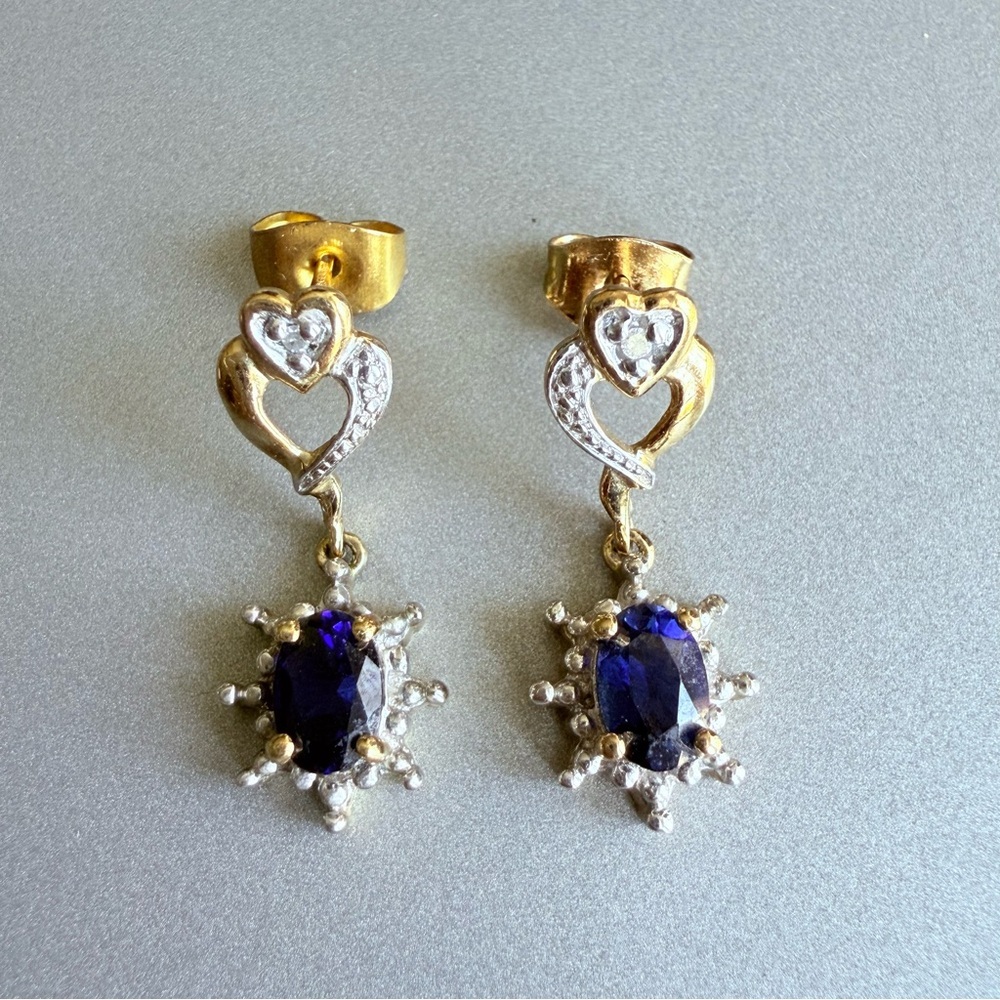 9k Gold Sapphire & Diamond Heart Stud Dangle Earrings Vintage